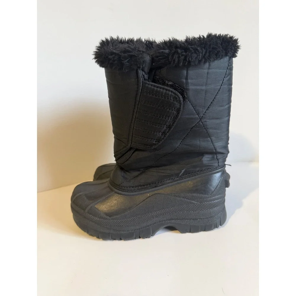 Kids Black Quilted Snow Boots Size 13 Faux Fur Trim Hook Loop Closure Outdoor